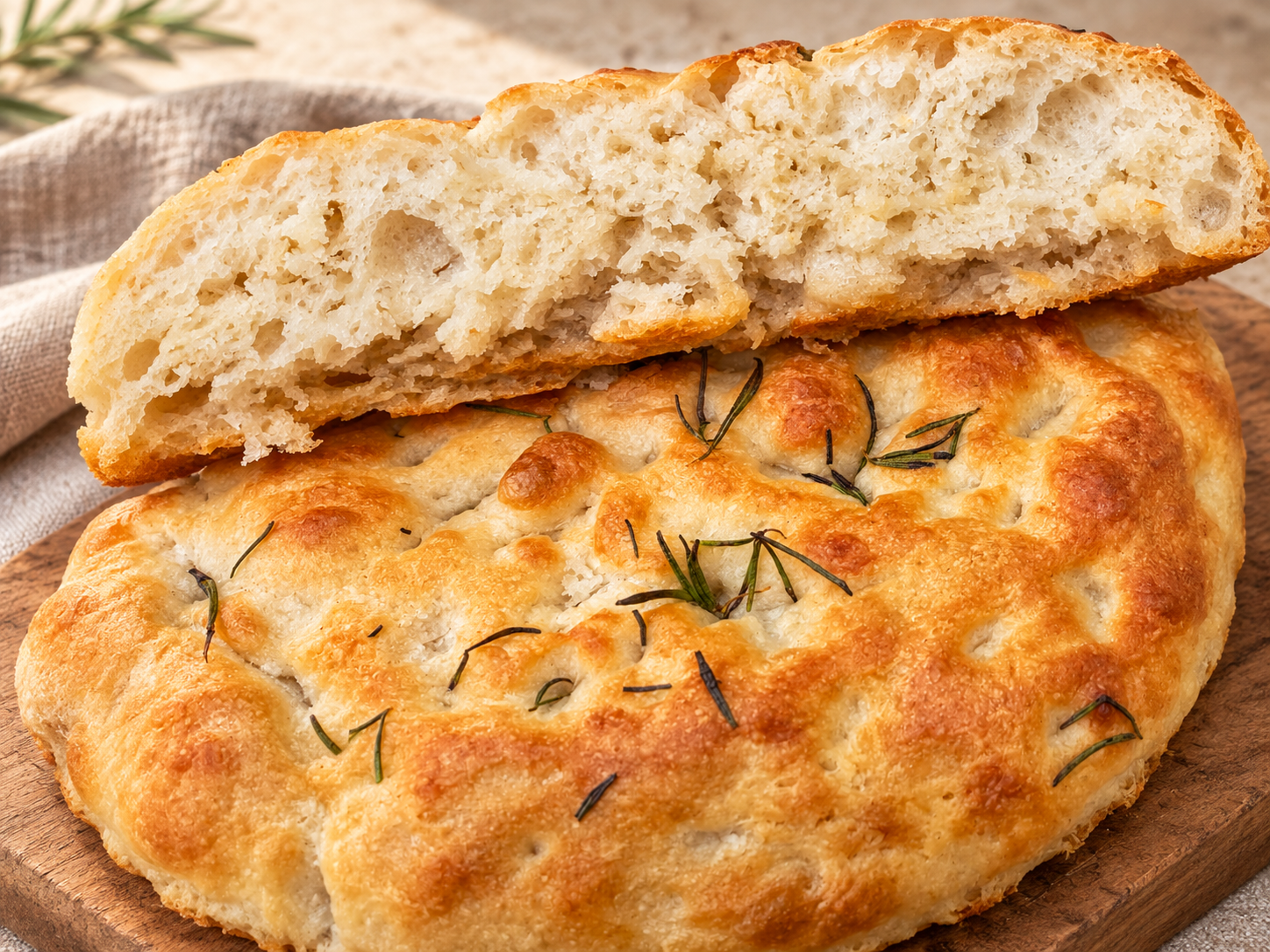 Rosemary focaccia with fresh rosemary and a golden crust