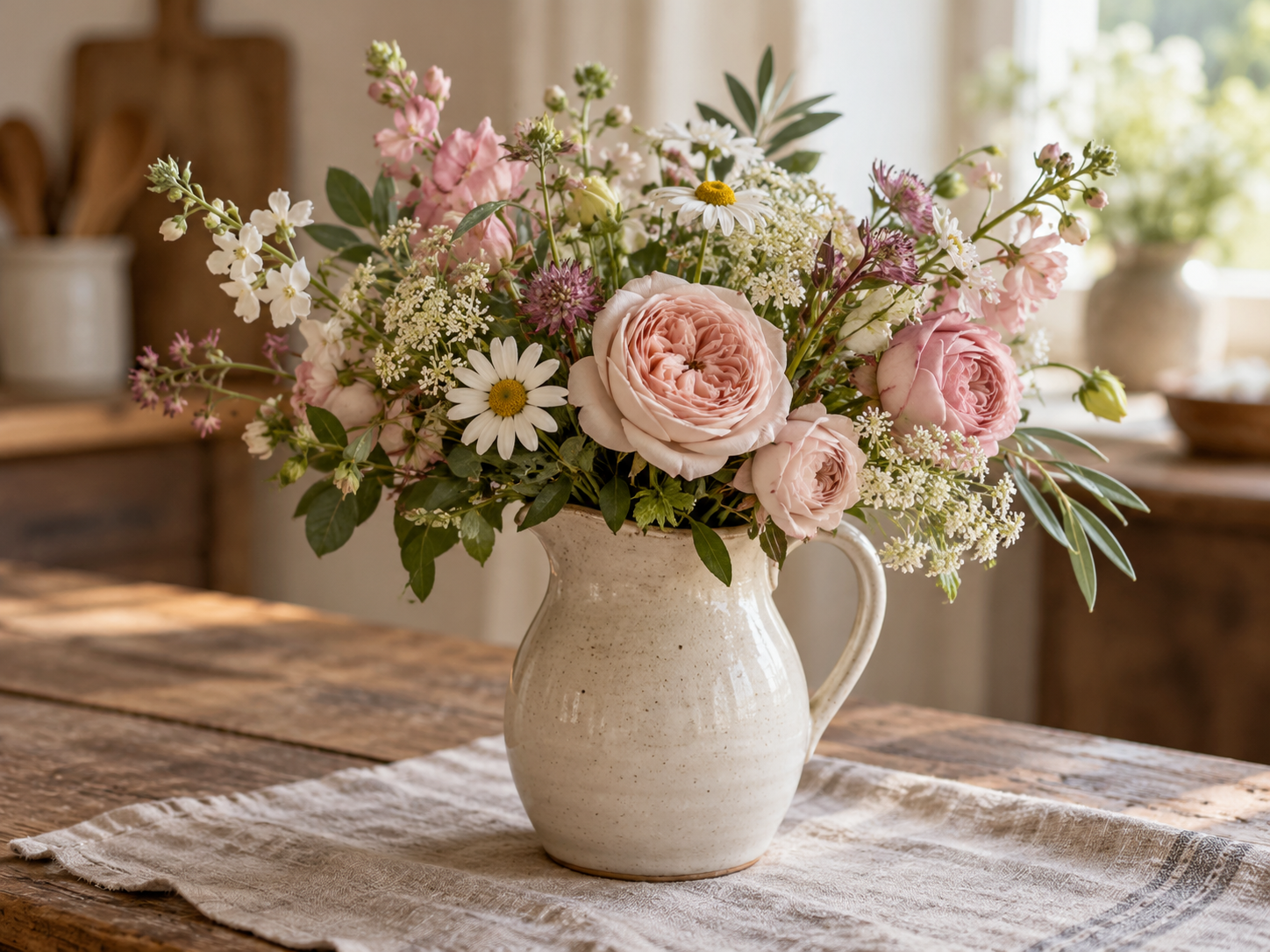 Seasonal flowers gathered in a small ceramic pitcher